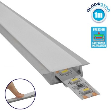 GLOBOSTAR® ALP-LINEAR RECCA 70807-1M Χωνευτό Προφίλ Αλουμινίου με Λευκό Γαλακτερό Πατητό Κάλυμμα για Ταινίες LED IP20 - Ασημί & Λευκό - Μ100 x Π2.2 x Υ0.7cm
