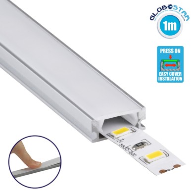 GLOBOSTAR® ALP-LINEAR SURFABO 70805-1M Επιφανειακό Προφίλ Αλουμινίου με Λευκό Γαλακτερό Πατητό Κάλυμμα για Ταινίες LED IP20 - Ασημί & Λευκό - Μ100 x Π1.6 x Υ0.7cm