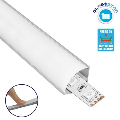 GLOBOSTAR® ALP-CORNER LINEO 70815-1M Επιφανειακό Γωνιακό Προφίλ Αλουμινίου με Λευκό Γαλακτερό Πατητό Κάλυμμα για Ταινίες LED IP20 - Ασημί & Λευκό - Μ100 x Π1.6 x Υ1.6cm