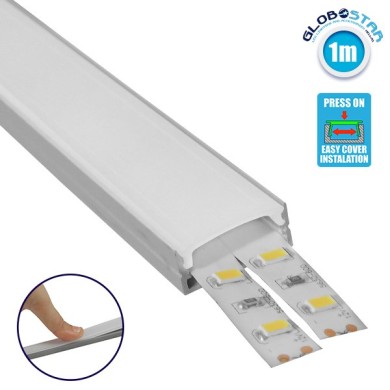 GLOBOSTAR® ALP-LINEAR ALIENA 70809-1M Επιφανειακό Προφίλ Αλουμινίου με Λευκό Γαλακτερό Πατητό Κάλυμμα για Ταινίες LED IP20 - Ασημί & Λευκό - Μ100 x Π2.4 x Υ1.1cm