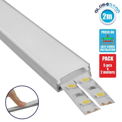 GloboStar® SURFACE-PROFILE 70809-2M Προφίλ Αλουμινίου - Βάση & Ψύκτρα Ταινίας LED με Λευκό Γαλακτερό Κάλυμμα - Επιφανειακή Χρήση - Πατητό Κάλυμμα - Ασημί - 2 Μέτρα - Πακέτο 5 Τεμαχίων - Μ200 x Π2.4 x Υ1.1cm