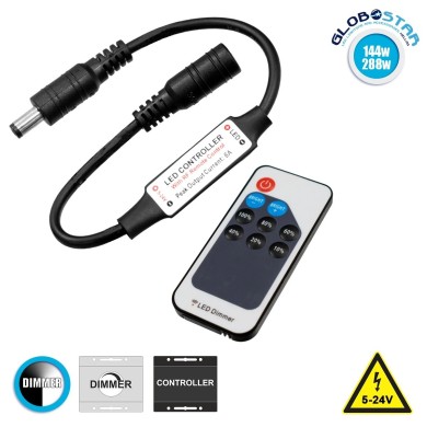 GLOBOSTAR® DIMMEROLI 73308 Σετ Dimmer με RF Ασύρματο Χειριστήριο με 1 x 6A 144W Κανάλι DC 5-24V 6A 144W Max IP20 - RF2.4Ghz - Μ25 x Π1.3 x Υ0.5cm - 2 Χρόνια Εγγύηση