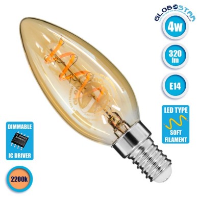 GLOBOSTAR® CANDLE 99133 Λάμπα Κεράκι E14 C35 LED 4W 320lm 360° AC 220-240V IP20 Ultra Θερμό Λευκό 2200K Dimmable - Soft S Spiral Filament Chip - Μελί - Μ3.5 x Π3.5 x Υ9.8cm - 3 Χρόνια Εγγύηση