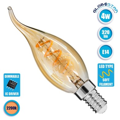 GLOBOSTAR® CANDLE 99134 Λάμπα Κεράκι E14 C35T LED 4W 360lm 360° AC 220-240V IP20 Ultra Θερμό Λευκό 2200K Dimmable - Spiral S Filament Chip - Μελί - Μ3.5 x Π3.5 x Υ12cm - 3 Χρόνια Εγγύηση