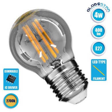 GLOBOSTAR® SPHERE 99064 Λάμπα E27 G45 LED 4W 400lm 360° AC 220-240V IP20 Θερμό Λευκό 2700K Dimmable - Filament Chip - Μαύρο Φιμέ - Μ4.5 x Π4.5 x Υ7.7cm - 3 Χρόνια Εγγύηση
