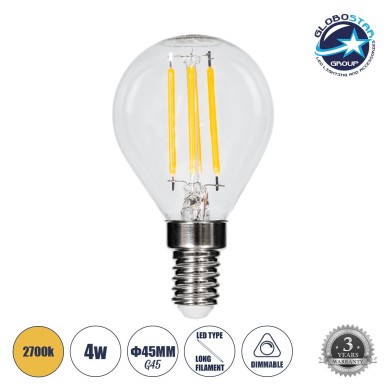 GLOBOSTAR® SPHERE 99003 Λάμπα E14 G45 LED 4W 400lm 360° AC 220-240V IP20 Θερμό Λευκό 2700K Dimmable - Long Filament Chip - Διάφανο - Μ4.5 x Π4.5 x Υ7.5cm - 3 Χρόνια Εγγύηση