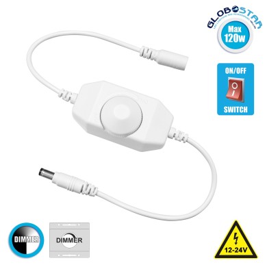 GLOBOSTAR® DIMMERANO 73305 Διακόπτης On-Off & Dimming με 1 x 5A 120W Κανάλι DC 12-24V 5A 120W Max IP20 - Λευκό - Μ25 x Π2.3 x Υ1.1cm - 2 Χρόνια Εγγύηση