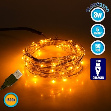GloboStar®  79711 Διακοσμητική Γιρλάντα 5 Μέτρων 50 LED USB 5 Volt 3 Watt με Χάλκινο Συρμάτινο Καλώδιο Θερμό Λευκό 1600K