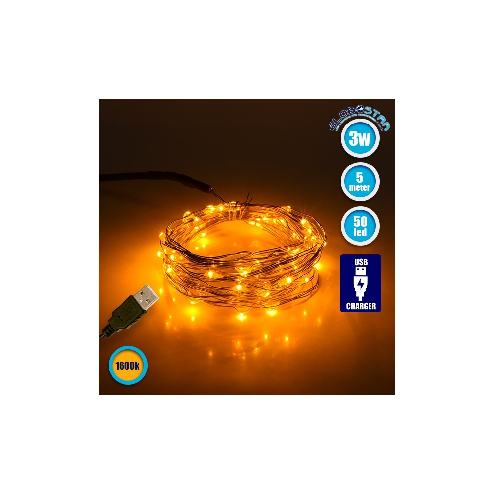 GloboStar®  79711 Διακοσμητική Γιρλάντα 5 Μέτρων 50 LED USB 5 Volt 3 Watt με Χάλκινο Συρμάτινο Καλώδιο Θερμό Λευκό 1600K