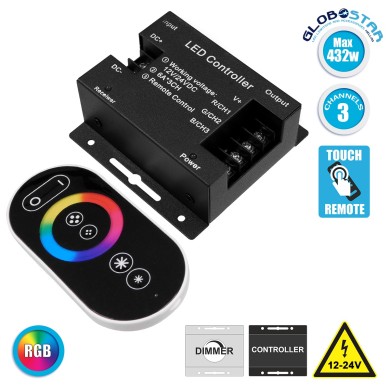 GLOBOSTAR® RGBCONTROLLER 73406 Σετ Dimmer - Controller με RF Ασύρματο Χειριστήριο με 3 x 6A 180W Κανάλια DC 12-24V 18A 432W Max IP20 - RF2.4Ghz - Μ8.3 x Π8.1 x Υ3.3cm - 2 Χρόνια Εγγύηση