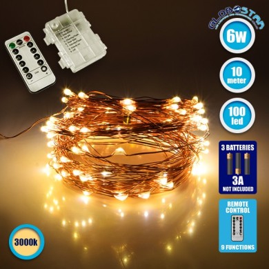 GLOBOSTAR® STRINGLIGHT 79780 Σετ Γιρλάντας 10m 100 LED με Κουτί Τροφοδοσίας & RF Ασύρματο Χειριστήριο LED 6W 420lm 360° DC 5V με 3xAAA Μπαταρίες Αδιάβροχο IP54 Θερμό Λευκό 2700Κ Dimmable - Χάλκινο - Μ1000 x Π0.6 x Υ0.6cm - 1 Χρόνο Εγγύηση