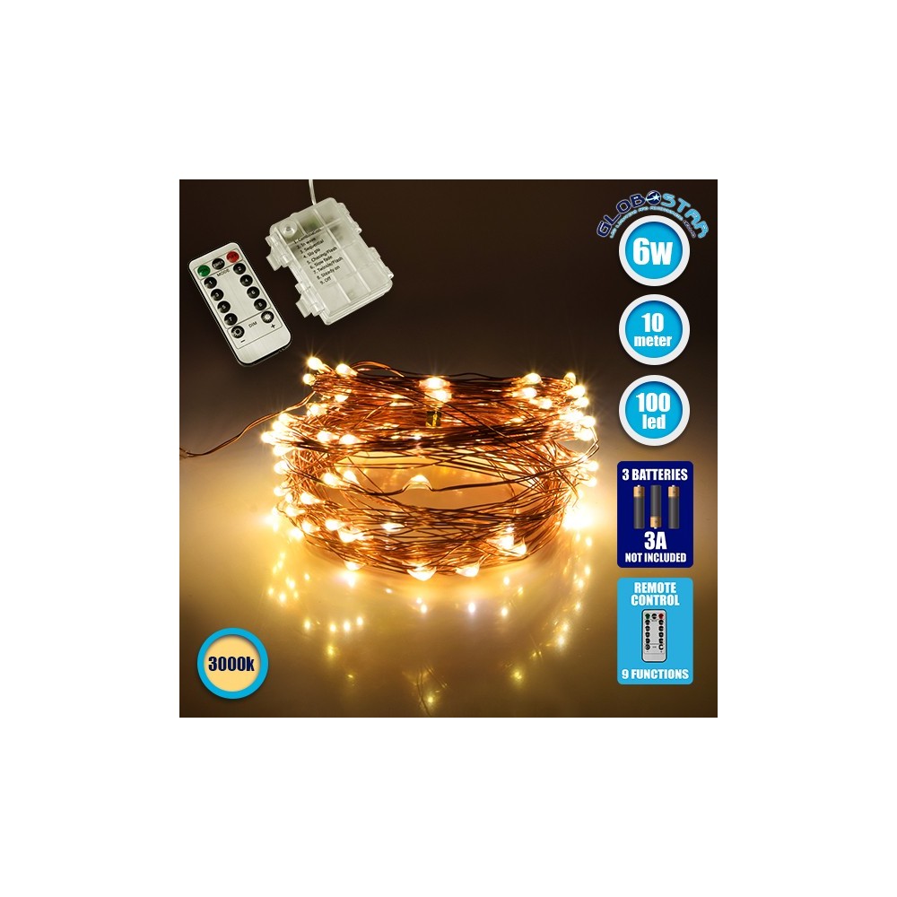 GLOBOSTAR® STRINGLIGHT 79780 Σετ Γιρλάντας 10m 100 LED με Κουτί Τροφοδοσίας & RF Ασύρματο Χειριστήριο LED 6W 420lm 360° DC 5V με 3xAAA Μπαταρίες Αδιάβροχο IP54 Θερμό Λευκό 2700Κ Dimmable - Χάλκινο - Μ1000 x Π0.6 x Υ0.6cm - 1 Χρόνο Εγγύηση