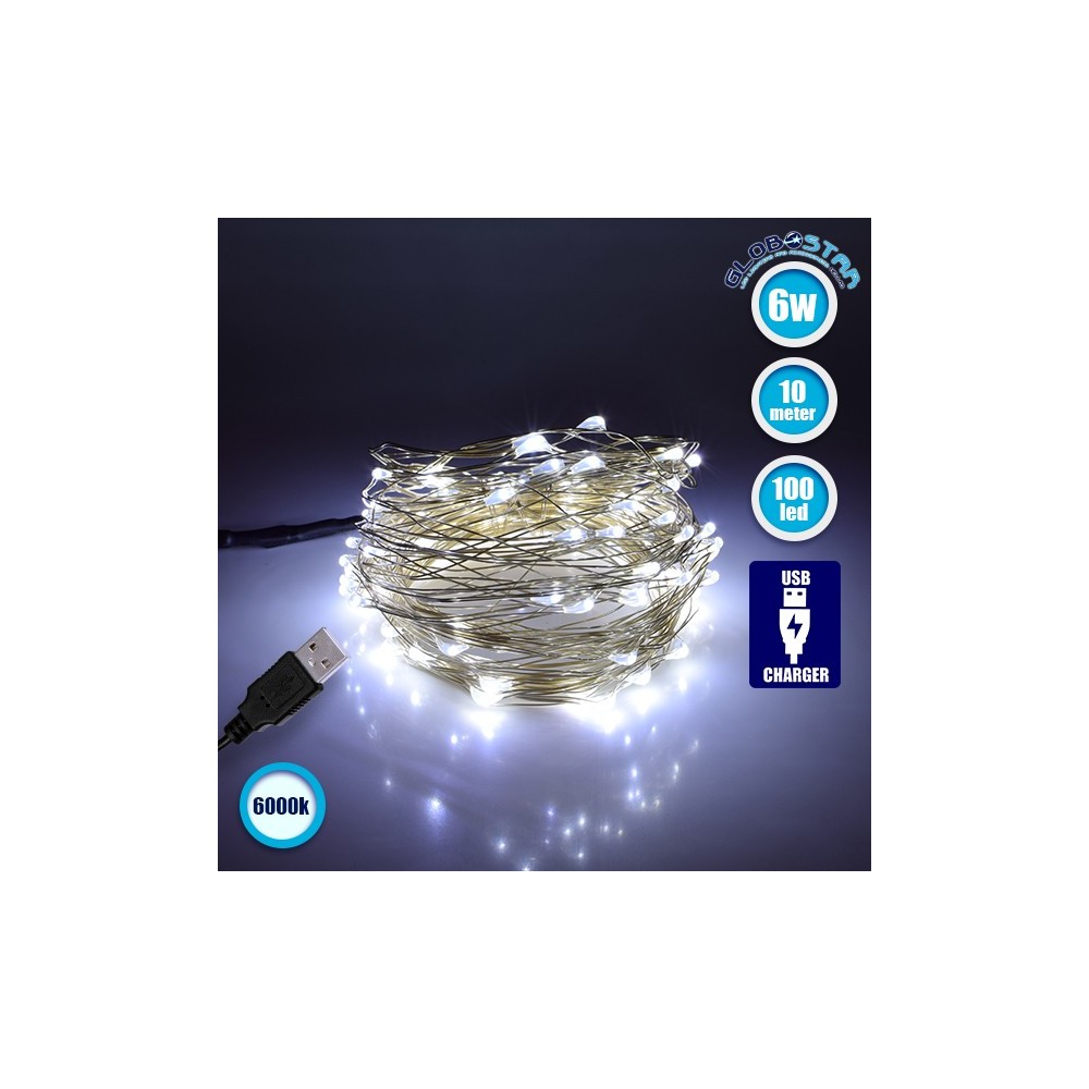 79732 Διακοσμητική Γιρλάντα 10 Μέτρων 100 LED USB 5 Volt 6 Watt με Ασημένιο Συρμάτινο Καλώδιο Ψυχρό Λευκό 6000K