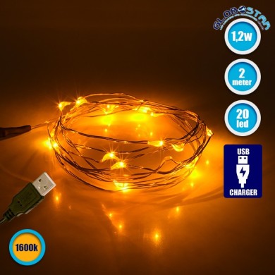 GLOBOSTAR® STRINGLIGHT 79710 Γιρλάντα 2m 20 LED 1.2W 60lm 360° DC 5V με USB 2.0 IP20 Ultra Θερμό Λευκό 2200Κ Dimmable - Χάλκινο - Μ200 x Π0.6 x Υ0.6cm - 1 Χρόνο Εγγύηση
