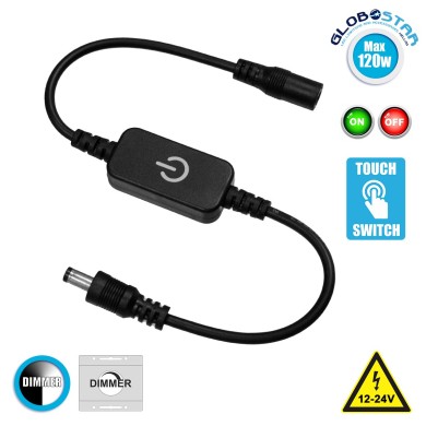 GLOBOSTAR® DIMMERANO 73304 Διακόπτης Αφής On-Off & Push Dimming με 1 x 5A 120W Κανάλι DC 12-24V 5A 120W Max IP20 - Μαύρο - Μ25 x Π2.3 x Υ1.1cm - 2 Χρόνια Εγγύηση