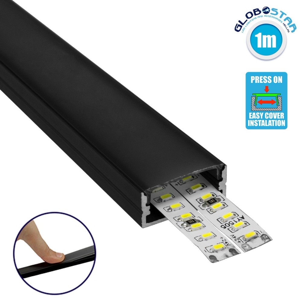 GloboStar® SURFACE-PROFILE 70810-1M Προφίλ Αλουμινίου - Βάση & Ψύκτρα Ταινίας LED με Μαύρο Φιμέ Κάλυμμα - Επιφανειακή Χρήση - Πατητό Κάλυμμα - Μαύρο - 1 Μέτρο - Μ100 x Π2.4 x Υ1.1cm