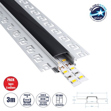 GloboStar® PLASTERBOARD-PROFILE 70820-3M Προφίλ Αλουμινίου - Βάση & Ψύκτρα Ταινίας LED με Μαύρο Φιμέ Κάλυμμα - Χωνευτή Χρήση σε Γυψοσανίδα - Trimless - Πατητό Κάλυμμα - Ασημί - 3 Μέτρα - Πακέτο 5 Τεμαχίων - Μ300 x Π6.7 x Υ1.4cm
