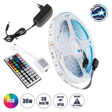 GLOBOSTAR® CHROMAWAVE 70411 Σετ Ταινίας με IR Ασύρματο Χειριστήριο & Τροφοδοτικό LED 36W-5m 2880lm-5m 120° AC 220-240V IP20 150 x SMD5050 Chip-5m Πολύχρωμο RGB Dimmable - Μ500 x Π1 x Υ0.2cm - Ρολό 5 Μέτρων - 2 Χρόνια Εγγύηση