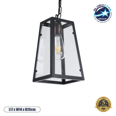 GLOBOSTAR® LIMA 01040 Vintage Κρεμαστό Φωτιστικό Οροφής με Ντουί 1 x E27 AC 220-240V IP20 - Μαύρο & Διάφανο - Μ17 x Π14 x Υ26cm