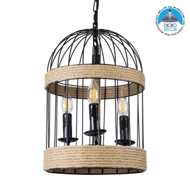 GLOBOSTAR® MERLIN 00865 Vintage Κρεμαστό Φωτιστικό Οροφής με Ντουί 3 x E14 AC 220-240V IP20 - Μαύρο & Μπεζ - Μ28 x Π28 x Υ40cm