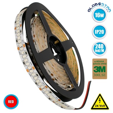 GLOBOSTAR® LUXA 70244 Ταινία LED 16W-m 1280lm-m 120° DC 24V IP20 240 x SMD2835 Chip-m Κόκκινο Dimmable - Sanan SMD Chip - Μ500 x Π1 x Υ0.2cm - Ρολό 5 Μέτρων - 5 Χρόνια Εγγύηση