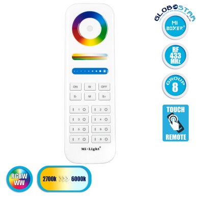 GloboStar® 73426 FUT089 Mi-Light Ασύρματο Χειριστήριο Αφής RF 2.4Ghz 8 Group για όλα τα RGBW+WW Mi-BOXER Controller DC 3V 2 x AAA - IP20 Λευκό - Μ15.6 x Π5.4 x Υ2.5cm - 5 Years Warranty