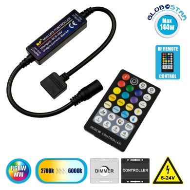 GLOBOSTAR® CONTROLI 73427 Σετ Dimmer - Controller με RF Ασύρματο Χειριστήριο με 5 x 1.2A 28.8W Κανάλια DC 5-24V 6A 144W Max IP20 - RF2.4Ghz - Μ30 x Π1.7 x Υ1.1cm - 2 Χρόνια Εγγύηση