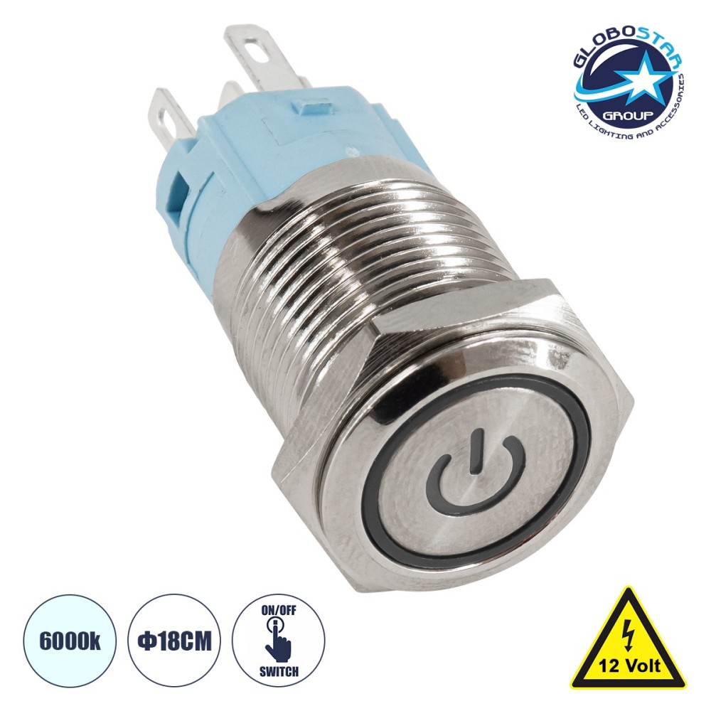 GLOBOSTAR® BUTTON 70780 Φωτιζόμενος Χωνευτός Διακόπτης On-Off LED DC 12V 1 x 3A 690W Max Αδιάβροχο IP65 Ψυχρό Λευκό 6000K - Μ1.8 x Π1.8 x Υ2cm