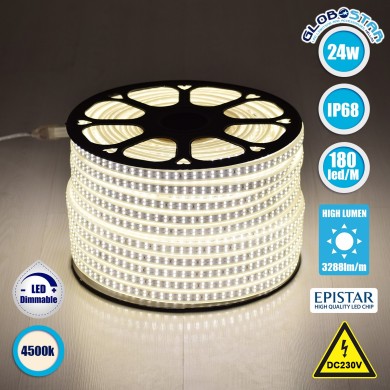 GLOBOSTAR® EPIWIDE 70511 Ταινία LED 24W-m 2280lm-m 120° DC 220-240V Αδιάβροχη IP65 180 x SMD2835 Chip-m Φυσικό Λευκό 4500K Dimmable - Epistar SMD Chip - M100 x Π1.6 x Υ0.7cm - 3 Χρόνια Εγγύηση