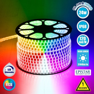 GLOBOSTAR® EPIWIDE 70517 Ταινία LED 24W-m 1560lm-m 120° DC 220-240V Αδιάβροχη IP65 120 x SMD5050 Chip-m Πολύχρωμο RGB Dimmable - Epistar SMD Chip - M100 x Π1.7 x Υ0.7cm - 3 Χρόνια Εγγύηση