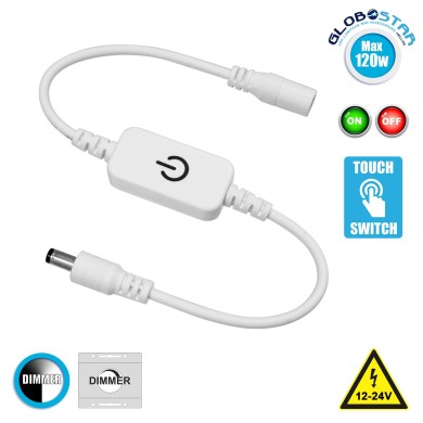 GLOBOSTAR® DIMMERANO 73303 Διακόπτης Αφής On-Off & Push Dimming με 1 x 5A 120W Κανάλι DC 12-24V 5A 120W Max IP20 - Λευκό - Μ25 x Π2.3 x Υ1.1cm - 2 Χρόνια Εγγύηση