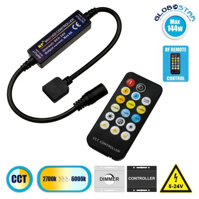 GLOBOSTAR® CCTCONTROLLER 73356 Σετ Dimmer - Controller με RF Ασύρματο Χειριστήριο με 2 x 3A 72W Κανάλια DC 12-24V 6A 144W Max IP20 - RF2.4Ghz - Μ8.3 x Π8.3 x Υ3.2cm - 2 Χρόνια Εγγύηση