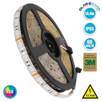 GLOBOSTAR® LUMAR 70129 Ταινία LED 14.4W-m 936lm-m 120° DC 12V Αδιάβροχη IP65 60 x SMD5050 Chip-m Πολύχρωμο RGB Dimmable - Sanan SMD Chip - Μ500 x Π1 x Υ0.2cm - Ρολό 5 Μέτρων - 5 Χρόνια Εγγύηση
