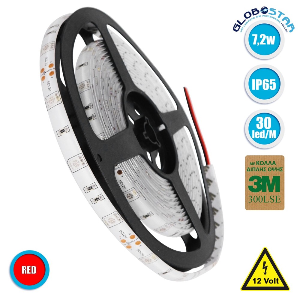 GloboStar® 70114 Ταινία LED SMD 5050 5m 7.2W-m 30LED-m 727lm-m 120° DC 12V Αδιάβροχη IP65 Κόκκινο