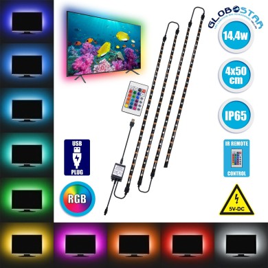GloboStar® 70406 Σετ Ταινία TV Kit LED RGB SMD 5050 2m (4x50CM) 14.4W-2m 60LED-2m 1454lm-2m 120° USB DC 5V Οπίσθιου Κρυφού Φωτισμού για Τηλεόραση με Ασύρματο Τηλεχειριστήριο Αδιάβροχο IP65 RGB