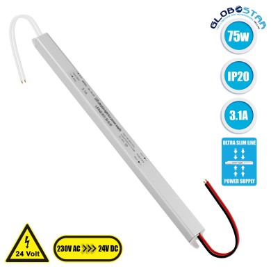 GLOBOSTAR® LUMISLIM 73014 Τροφοδοτικό-Μετασχηματιστής PELV 75W 3.1A DC 24V IP20 - AC 220-240V σε DC 24V - Μ31 x Π1.8 x Υ1.8cm - 3 Χρόνια Εγγύηση