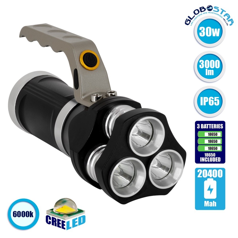 GLOBOSTAR® HANDLAMP 79025 Φακός Χειρός LED 30W 3000lm 45° DC 5V με Επαναφορτιζόμενη Μπαταρία Li-ion 3.7V 3x18650 15000mAh IP20 Ψυχρό Λευκό 6000K - CREE XHP50 Chip - Μ16.3 x Π6.4 x Υ8.5cm - 1 Χρόνο Εγγύηση