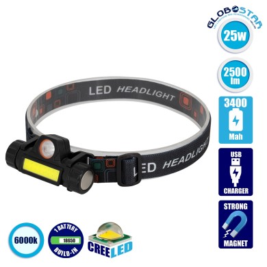 GLOBOSTAR® HEADLAMP 79064 Φακός Κεφαλής LED 25W 2500lm 15~120° DC 5V με USB-C με Επαναφορτιζόμενη Μπαταρία Li-ion 3.7V 1x18650 3400mAh Αδιάβροχο IP54 Ψυχρό Λευκό 6000K - CREE XML2-T6 & COB Chip - Μ8.2 x Π2.5 x Υ4cm - 1 Χρόνο Εγγύηση