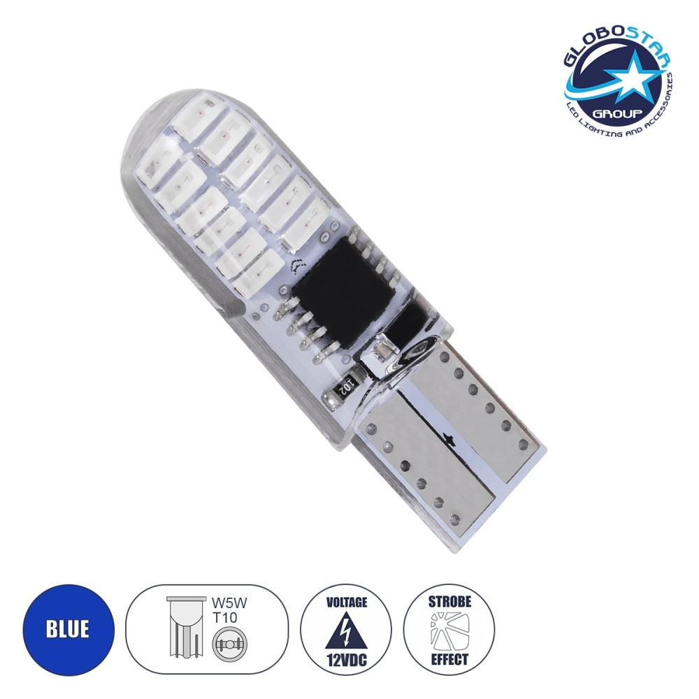 GloboStar® 08342 Λάμπα Αυτοκινήτου LED STROBE T10 W5W 24xSMD3014 1W 120lm 360° DC 12-16V IP20 Φ1 x Υ3.2cm Μπλε
