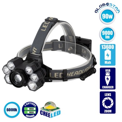 GLOBOSTAR® HEADLAMP 79061 Φακός Κεφαλής LED 30W 3000lm 15~60° DC 5V με USB-C με Επαναφορτιζόμενη Μπαταρία Li-ion 3.7V 2x18650 6000mAh Αδιάβροχο IP54 Ψυχρό Λευκό 6000K - CREE XML2-T6 Chip - Μ9.5 x Π5 x Υ5cm - 2 Χρόνια Εγγύηση