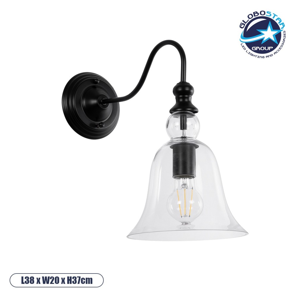 GLOBOSTAR® LILLY 01064 Vintage Φωτιστικό Τοίχου - Απλίκα με Ντουί 1 x E27 AC 220-240V IP20 - Μαύρο & Διάφανο - Μ38 x Π20 x Υ37cm