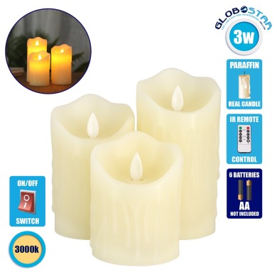 GloboStar® 79561 ΣΕΤ 3 Διακοσμητικών Realistic Κεριών Παραφίνης με LED Εφέ Κινούμενης Φλόγας - Μπαταρίας & Ασύρματο Χειριστήριο IR Σχέδιο Λιωμένο Κερί Θερμό Λευκό 3000K Dimmable