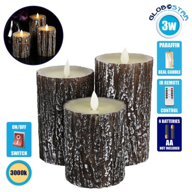 GLOBOSTAR® EVERFLAME 79562 Διακοσμητικό Κερί Παραφίνης με IR Ασύρματο Χειριστήριο LED 0.5W 30lm 120° DC 3.2V με 2xAA Μπαταρίες IP20 Θερμό Λευκό 2700K Dimmable - Μ7.5 x Π7.5 x Υ15cm - Πακέτο 3 Τεμαχίων - 1 Χρόνο Εγγύηση