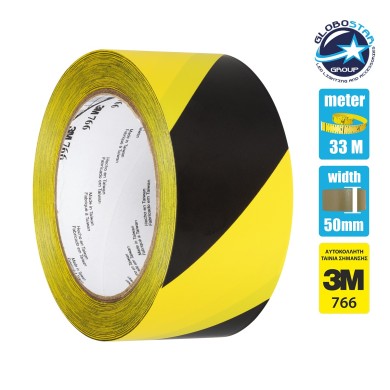 GloboStar® 79954 3M 766Τ Original Αυτοκόλλητη Ταινία Σήμανσης Προειδοποίησης Κινδύνου Μαύρο - Κίτρινο Π50mm x Μ33 Μέτρα