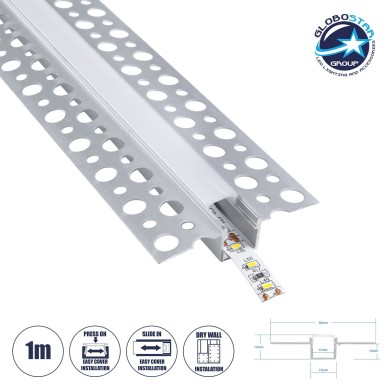 GloboStar® PLASTERBOARD-PROFILE 70838-1M Προφίλ Αλουμινίου - Βάση & Ψύκτρα Ταινίας LED με Λευκό Γαλακτερό Κάλυμμα - Χωνευτή Χρήση σε Γυψοσανίδα - Trimless - Πατητό Κάλυμμα - Ασημί - 1 Μέτρο - Μ100 x Π5.6 x Υ1.5cm