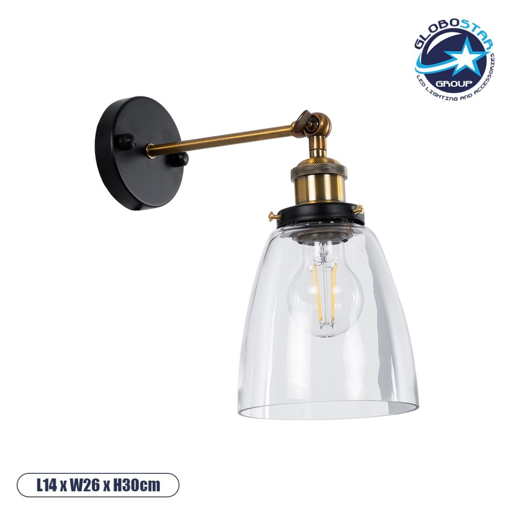 GLOBOSTAR® LYDIA 01071 Vintage Φωτιστικό Τοίχου - Απλίκα με Ντουί 1 x E27 AC 220-240V IP20 - Μαύρο & Χρυσό - Μ14 x Π26 x Υ30cm