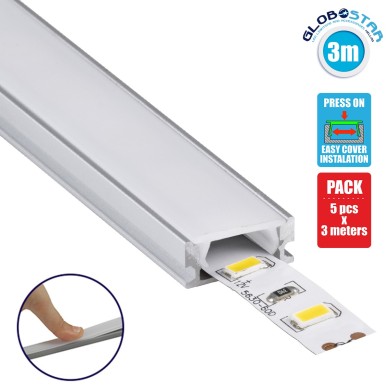 GLOBOSTAR® ALP-LINEAR SURFABO 70805-3M Επιφανειακό Προφίλ Αλουμινίου με Λευκό Γαλακτερό Πατητό Κάλυμμα για Ταινίες LED IP20 - Ασημί & Λευκό - Μ300 x Π1.6 x Υ0.7cm - Πακέτο 5 Τεμαχίων
