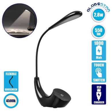GLOBOSTAR® TEBLARO 76501 Μοντέρνο Επιτραπέζιο Φωτιστικό Γραφείου LED 2.8W 550lm 90° DC 5V με USB-C με Επαναφορτιζόμενη Μπαταρία Li-ion 3.7V 1x18650 1800mAh IP20 Φυσικό Λευκό 4500K - Sanan SMD Chip - Μαύρο - Μ15.5 x Π7.5 x Υ44.5cm - 2 Χρόνια Εγγύηση