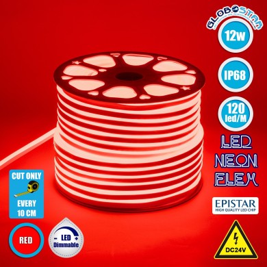 GLOBOSTAR® OVALE 70563 Ταινία Neon Flex LED 12W-m 600lm-m 120° DC 24V Αδιάβροχο IP65 120 x SMD2835 Chip-m Κόκκινο Dimmable - Sanan SMD Chip - Μ100 x Π0.8 x Υ1.6cm - 3 Χρόνια Εγγύηση