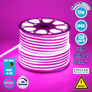 GLOBOSTAR® OVALE 70567 Ταινία Neon Flex LED 12W-m 600lm-m 120° DC 24V Αδιάβροχο IP65 120 x SMD2835 Chip-m Ροζ Dimmable - Sanan SMD Chip - Μ100 x Π0.8 x Υ1.6cm - 3 Χρόνια Εγγύηση
